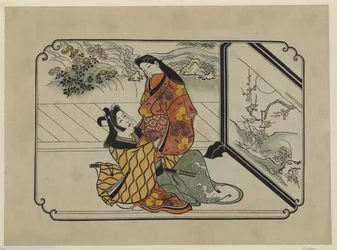 Grabado ukiyo-e a mano de dos amantes abrazándose frente a una pantalla pintada
